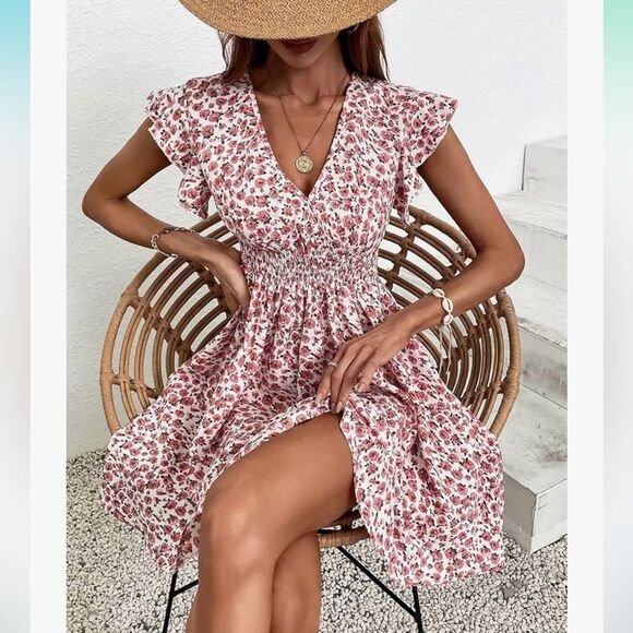 SHEIN M White Pink Rose Floral Faux Wrap Flutter Sleeve A-Line Dress - Picture 4 of 14